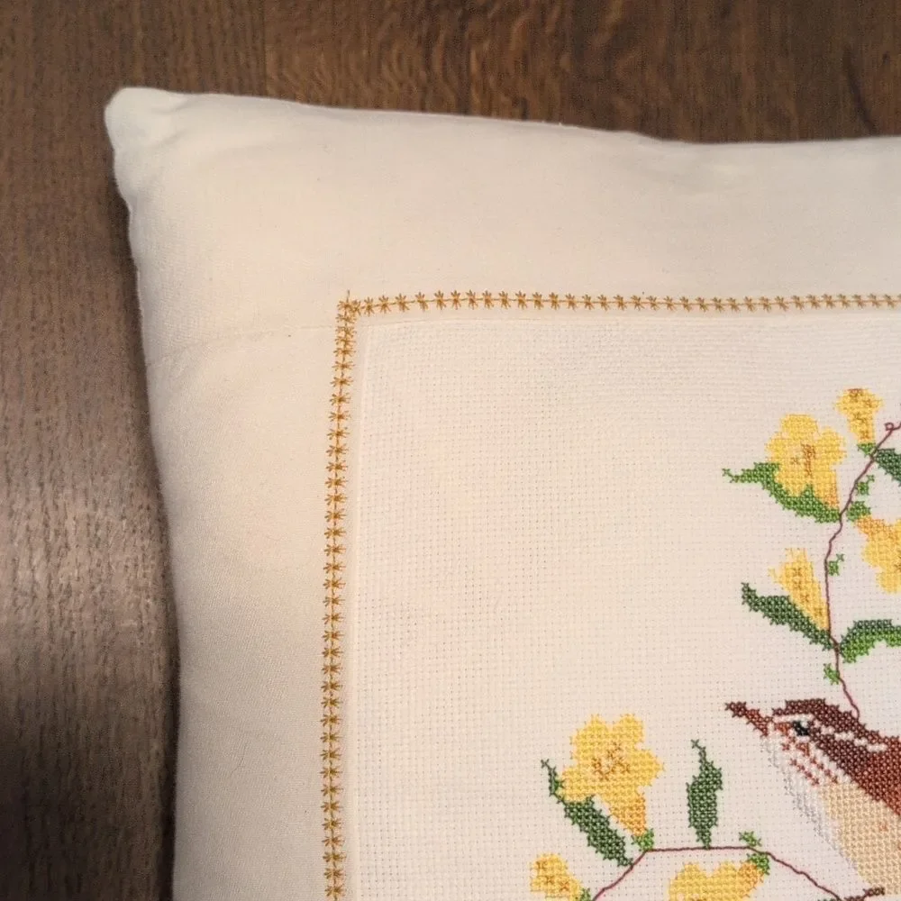 Handmade Cross Stitch Bird and Floral Accent Throw Pillow Vintage